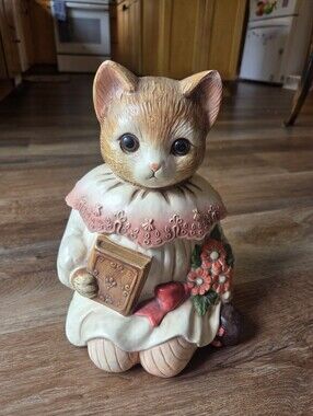 Vintage Ceramic Emily the Cat Cookie Jar Holding book & Flowers Kitten Decor